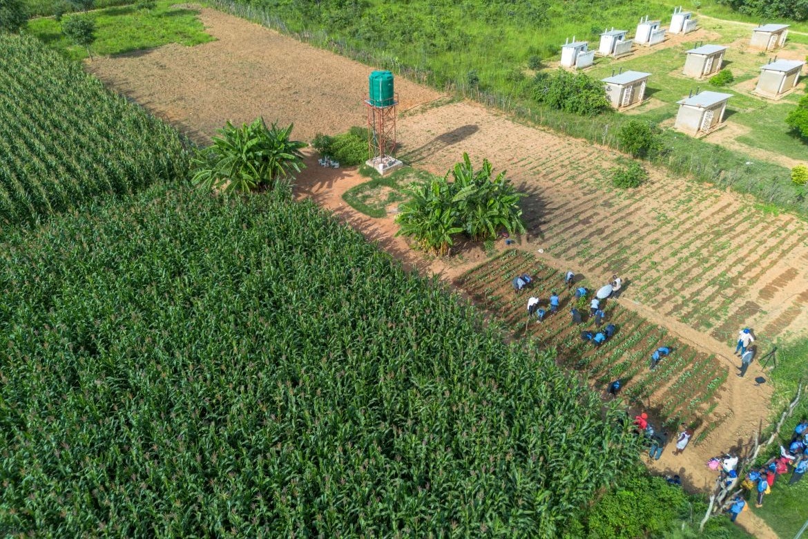 Ariel View of Mwaimwene drip irrigated garden. Credit: World Food Programme / Nkole Mwape