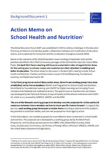 Cover "Action memo on school health and nutrition" document