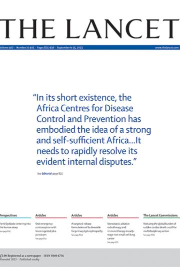 The cover of The Lancet journal, September 9-15, 2023, featuring a quote about the Africa Centres for Disease Control and Prevention and its need to resolve internal disputes. Key topics include contraception, stereotactic ablative radiotherapy, and global burden of childhood cancer.