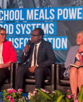 The Minister of Education in Rwanda, Honourable Gaspard Twagireyezu, speaking during the School Meals Powering Food Systems Transformation 